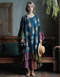 Women's vintage patchwork linen maxi dress with floral print and ruffle hem