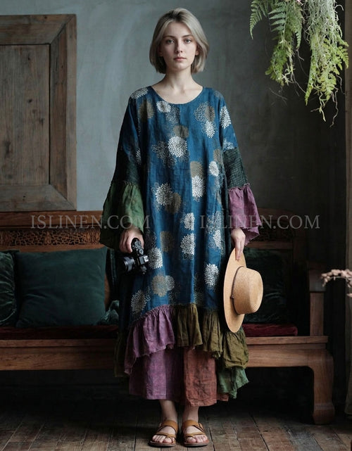 Women's vintage patchwork linen maxi dress with floral print and ruffle hem
