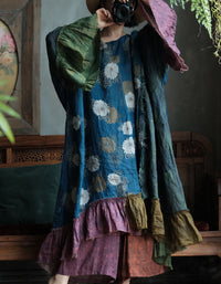 Loose fit patchwork linen dress for women with layered ruffle hem