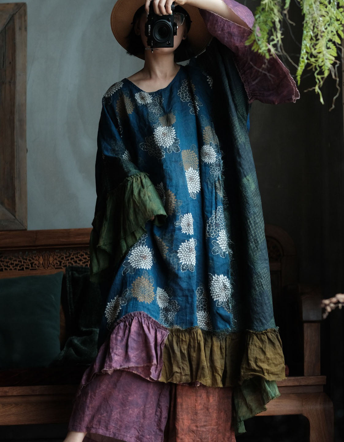 Boho long sleeve linen dress featuring artistic floral pattern and color block panels