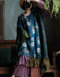 Boho long sleeve linen dress featuring artistic floral pattern and color block panels