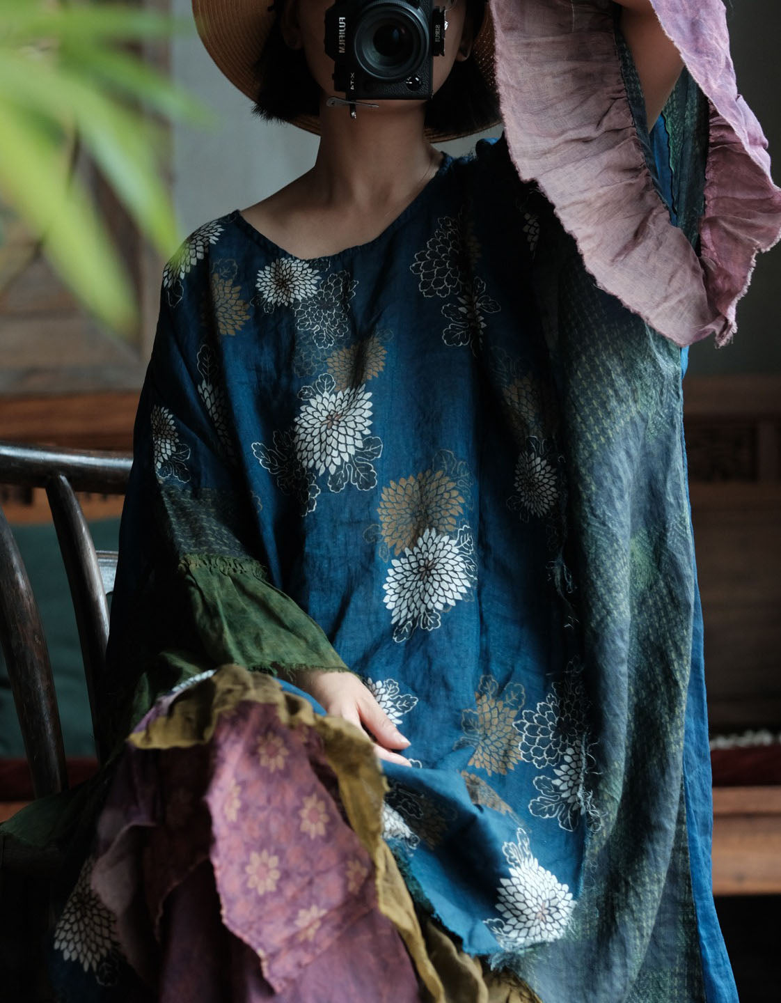 Oversized linen dress with patchwork design and relaxed silhouette