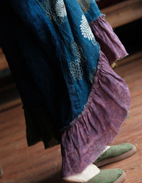 Women's Boho Floral Linen Dress – Loose Long Sleeve Patchwork Maxi Dress
