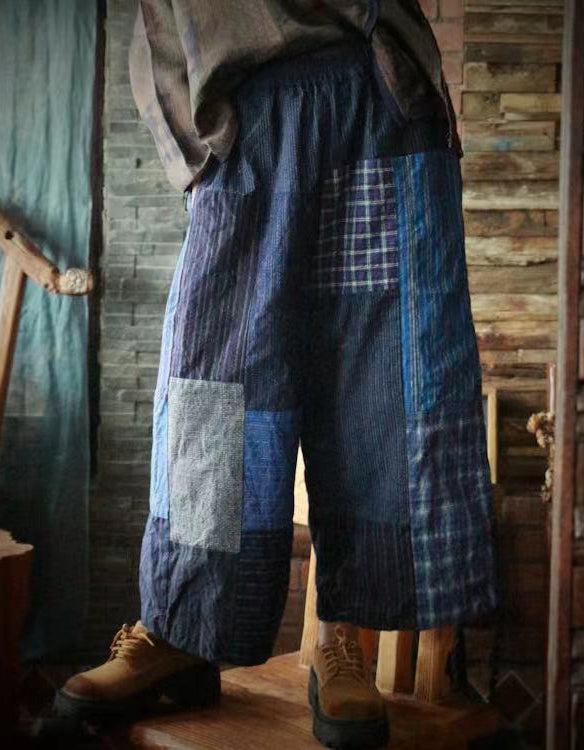 Women's Handmade Vintage Indigo Patchwork Cotton Wide Leg Pants