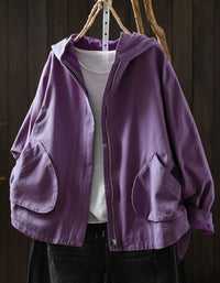 Women's Purple Hooded Jacket – Lightweight Relaxed Zip Up Casual Coat