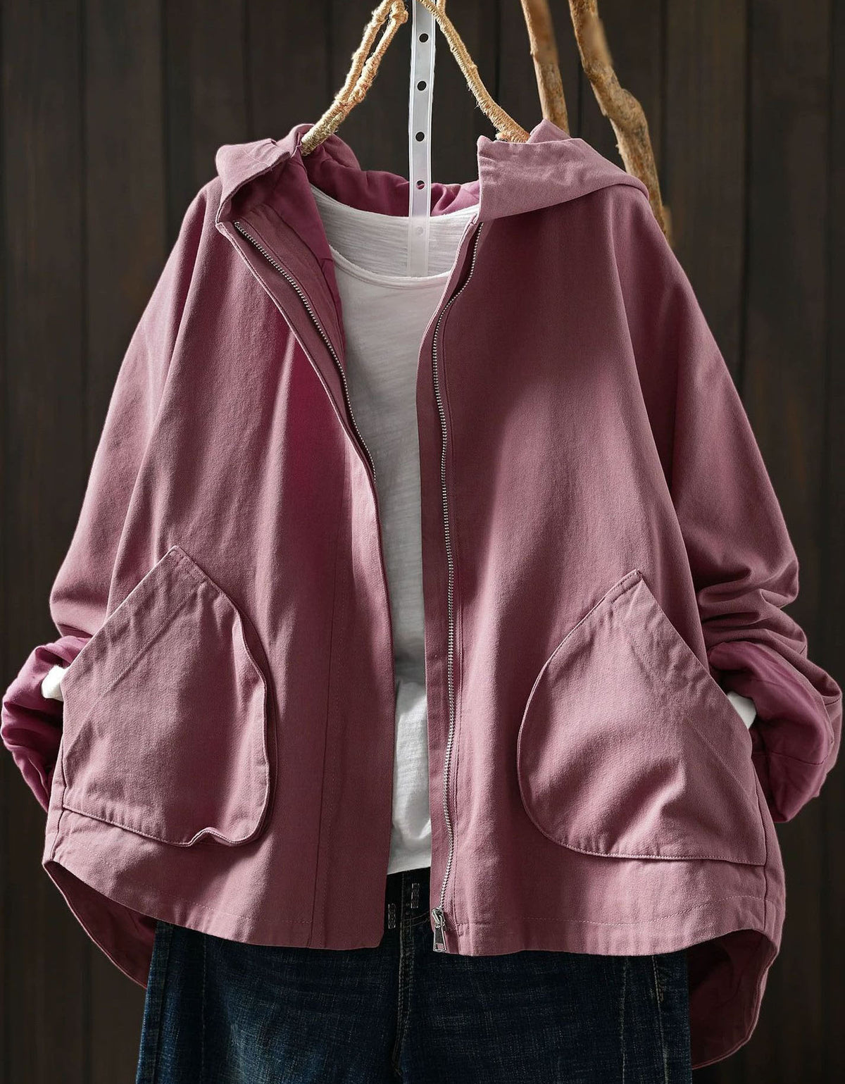 Women's Pink Hooded Jacket – Lightweight Relaxed Zip Up Casual Coat