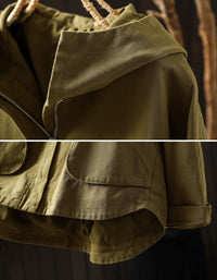 Women's Vintage Inspired Hooded Jacket – Loose Fit Zip Up Outerwear