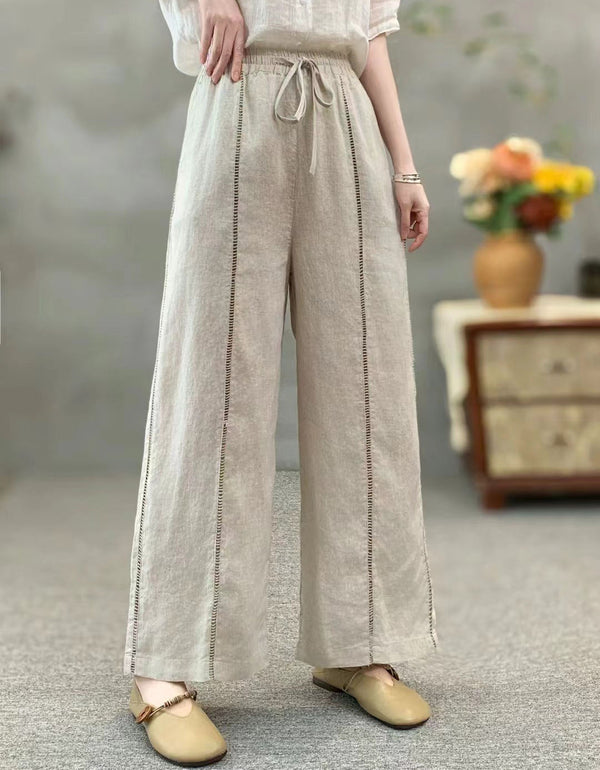 Beige linen wide leg pants relaxed summer fit