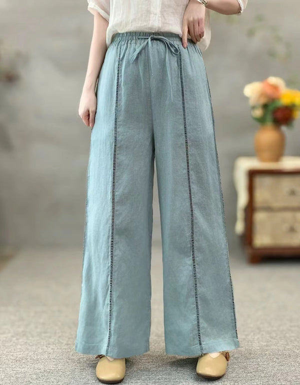 Women’s linen wide leg pants with elastic waist front view