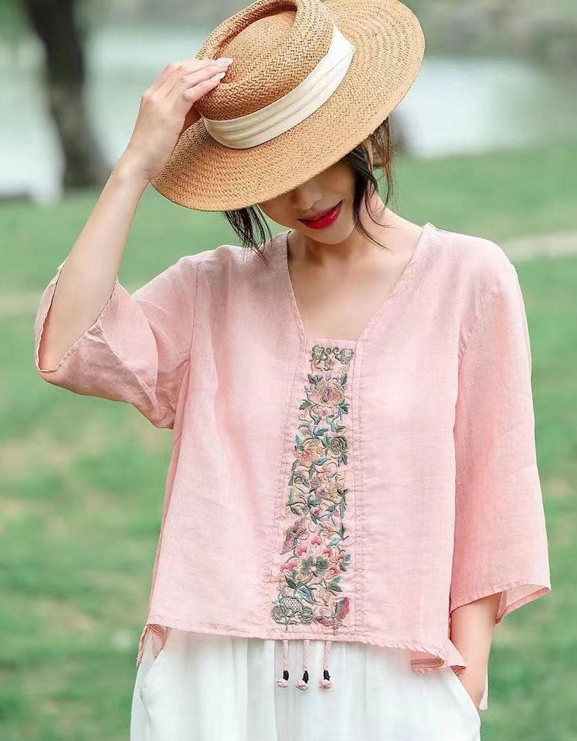 Women’s Loose-Fit Floral Embroidered Linen Shirt