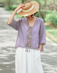 Women’s Loose-Fit Floral Embroidered Linen Shirt