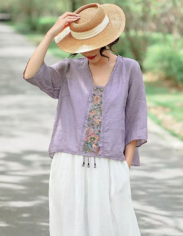Women’s Loose-Fit Floral Embroidered Linen Shirt