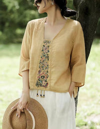 Women’s Loose-Fit Floral Embroidered Linen Shirt