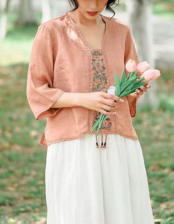 Women’s Loose-Fit Floral Embroidered Linen Shirt