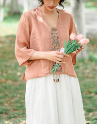 Women’s Loose-Fit Floral Embroidered Linen Shirt