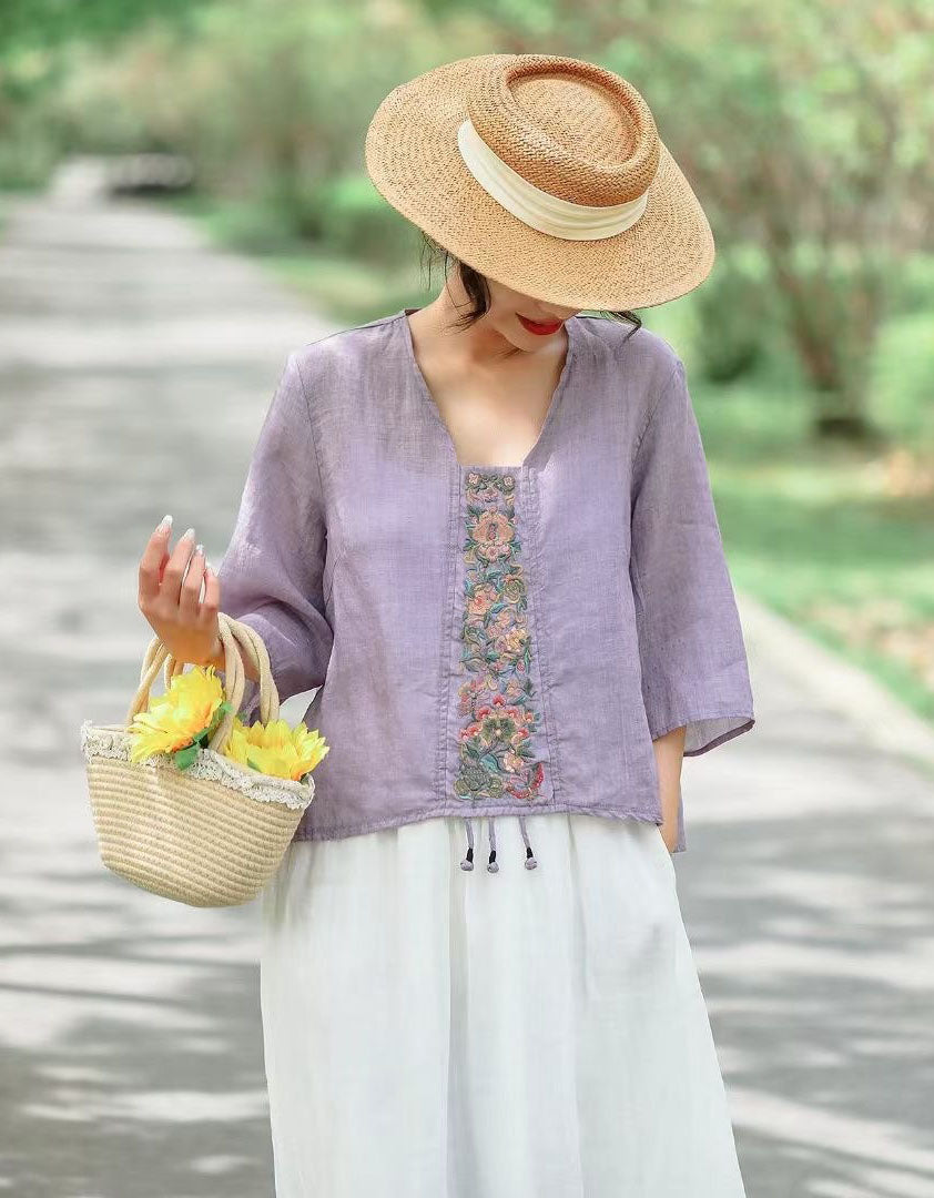 Women’s Loose-Fit Floral Embroidered Linen Shirt