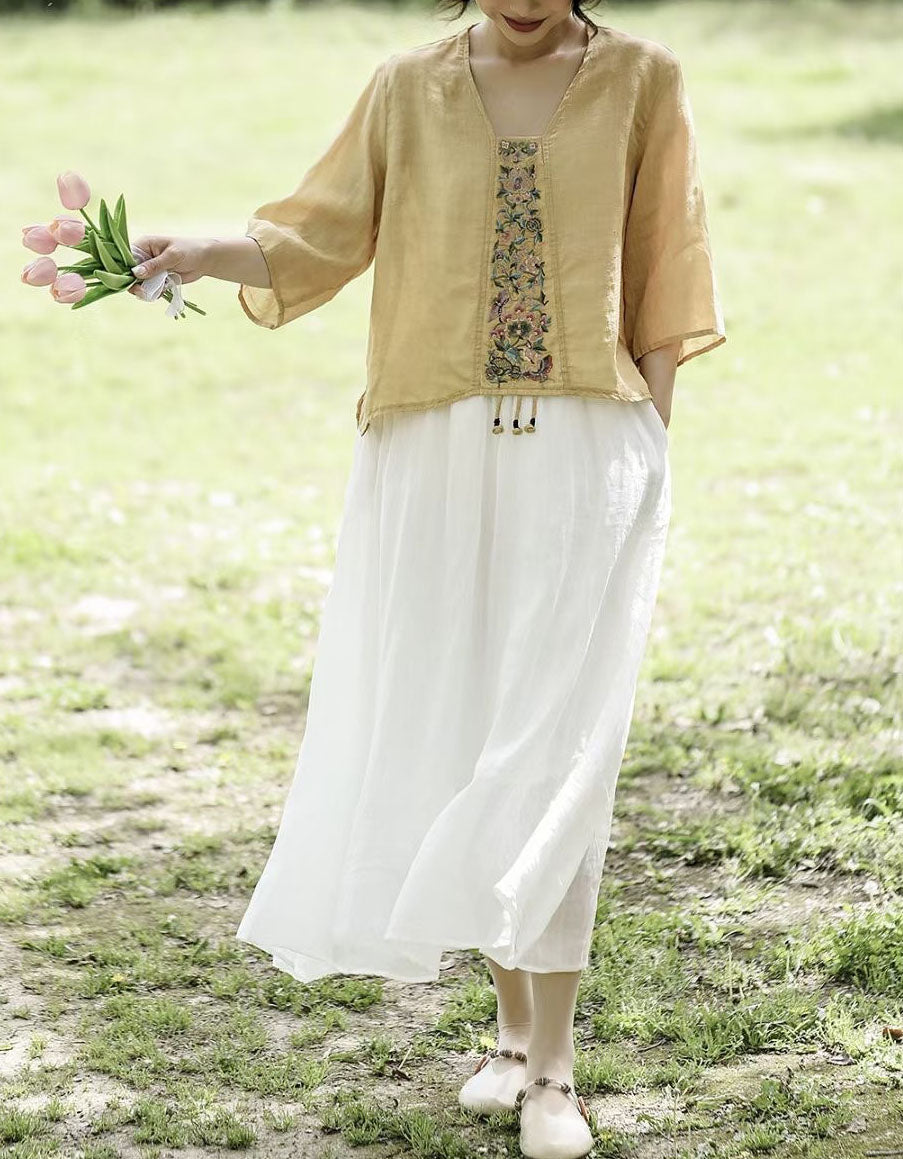 Women’s Loose-Fit Floral Embroidered Linen Shirt