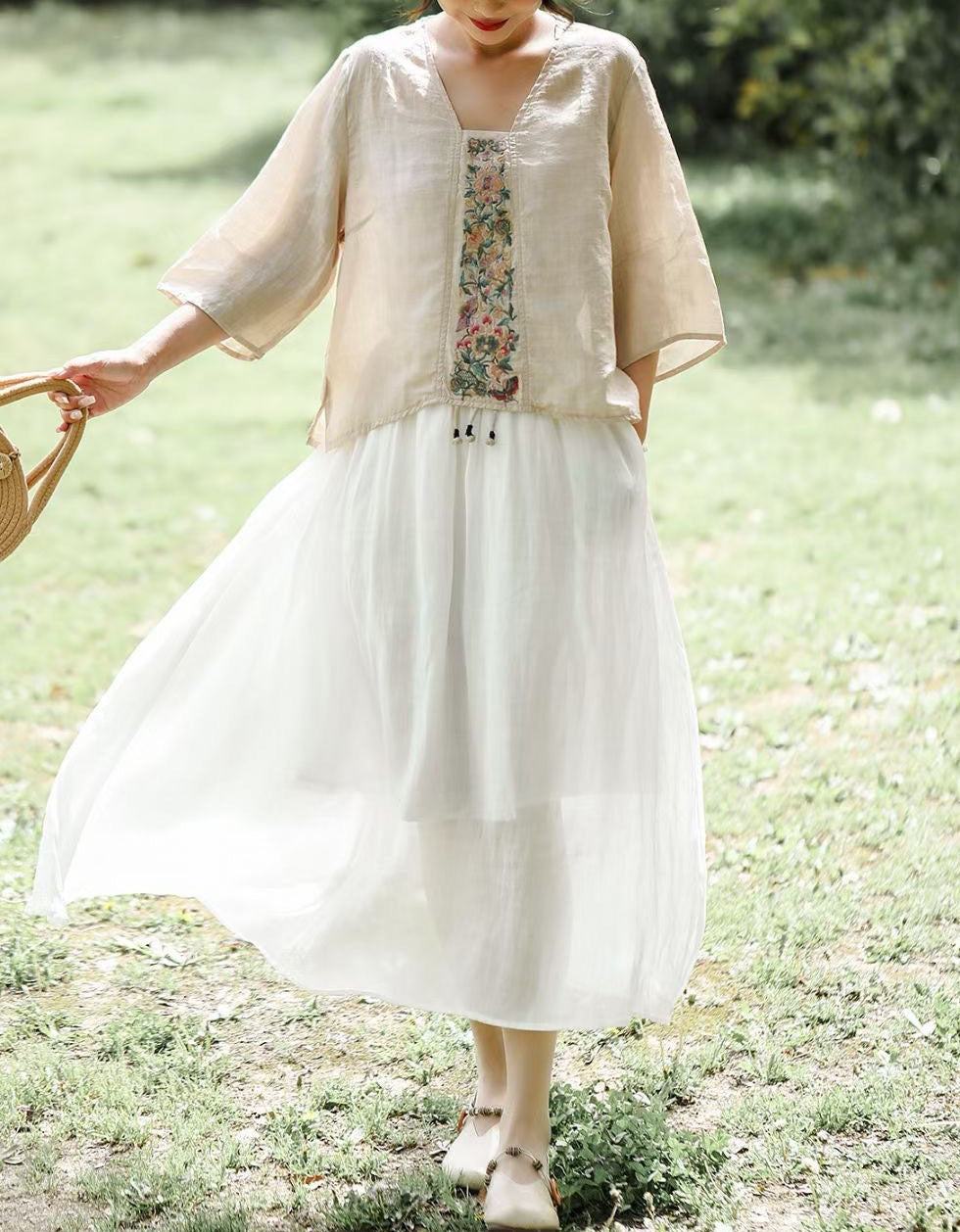Women’s Loose-Fit Floral Embroidered Linen Shirt