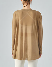 Brown long-sleeve top worn by a person on a light gray background back view