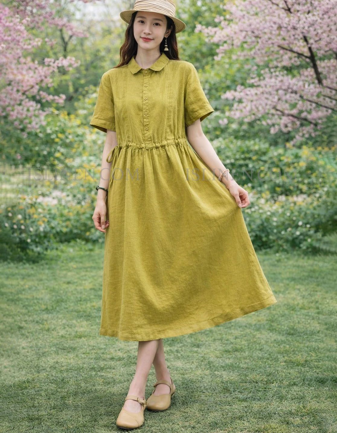 short sleeve linen midi dress Loose Cottagecore Button Front – Islinen Picture this Discipline | Tassel:School of Science - Golden Yellow S/27 Men High Tea Outfit