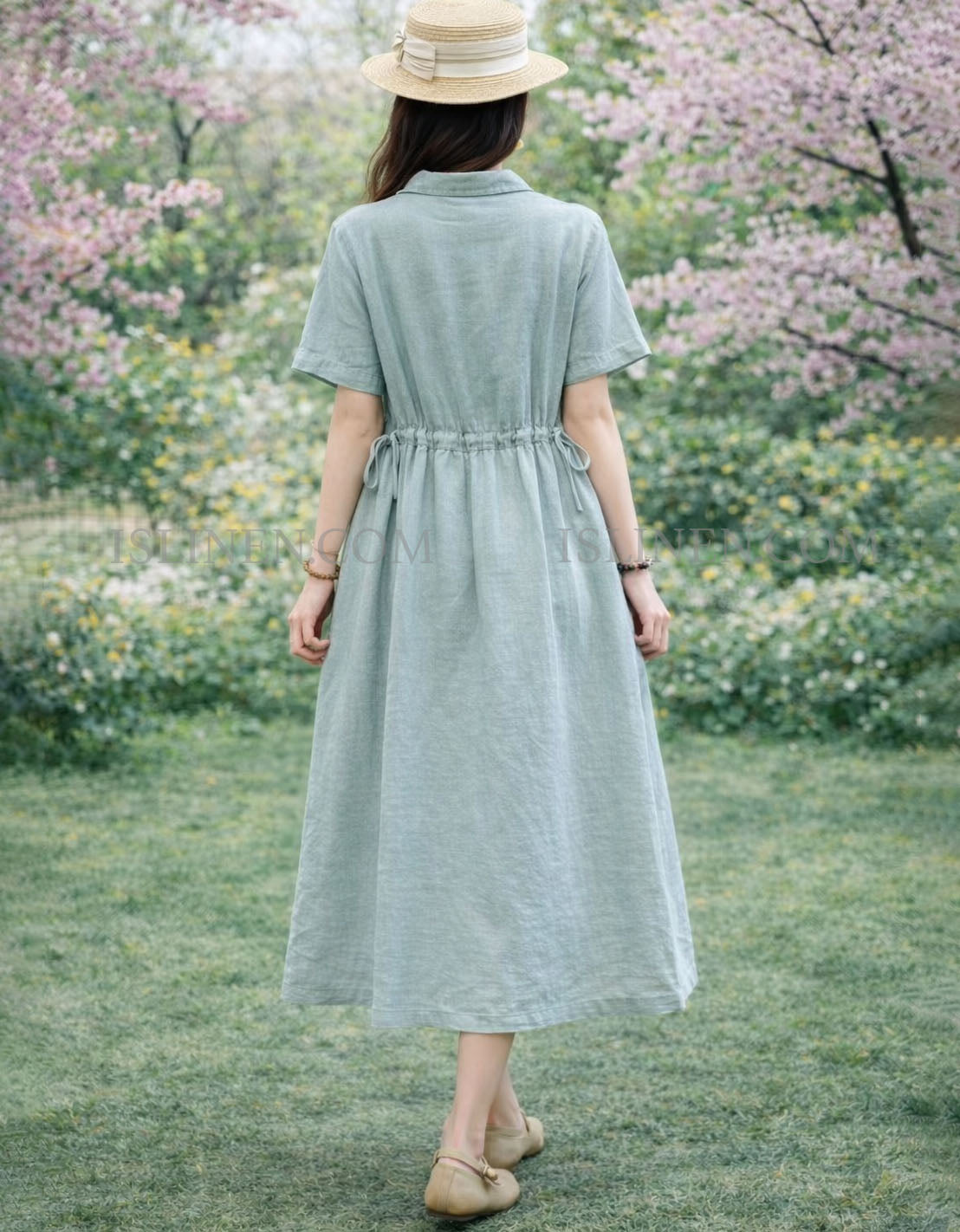 light green linen dress Loose Cottagecore Button Front Short Sleeve Midi – Islinen Size Small Color:Peach Rose Floral Print hyfve Lovelzi Elegant Formal Goth