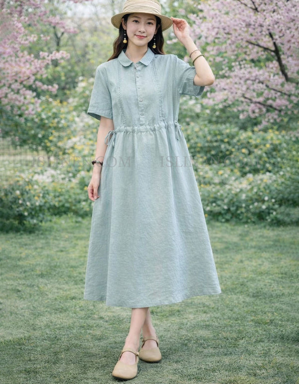 Women’s light blue yellow linen blend midi dress front view