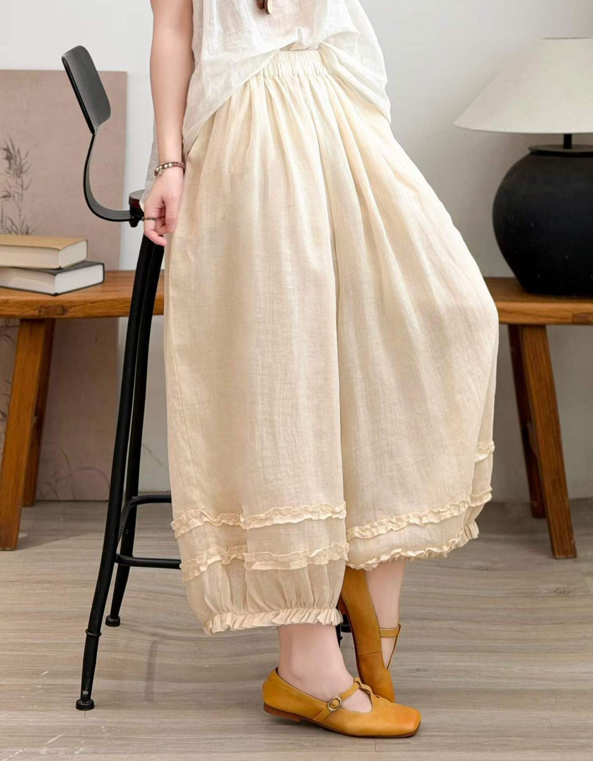 Women's Loose Linen Barrel Pants – Elastic Waist Casual Trousers