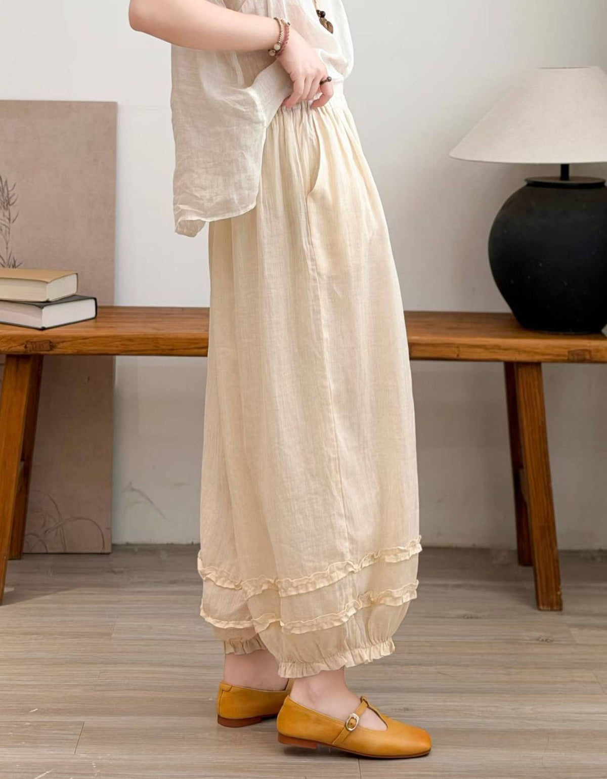 Women's Cottagecore Linen Pants – Elastic Waist Balloon Trousers