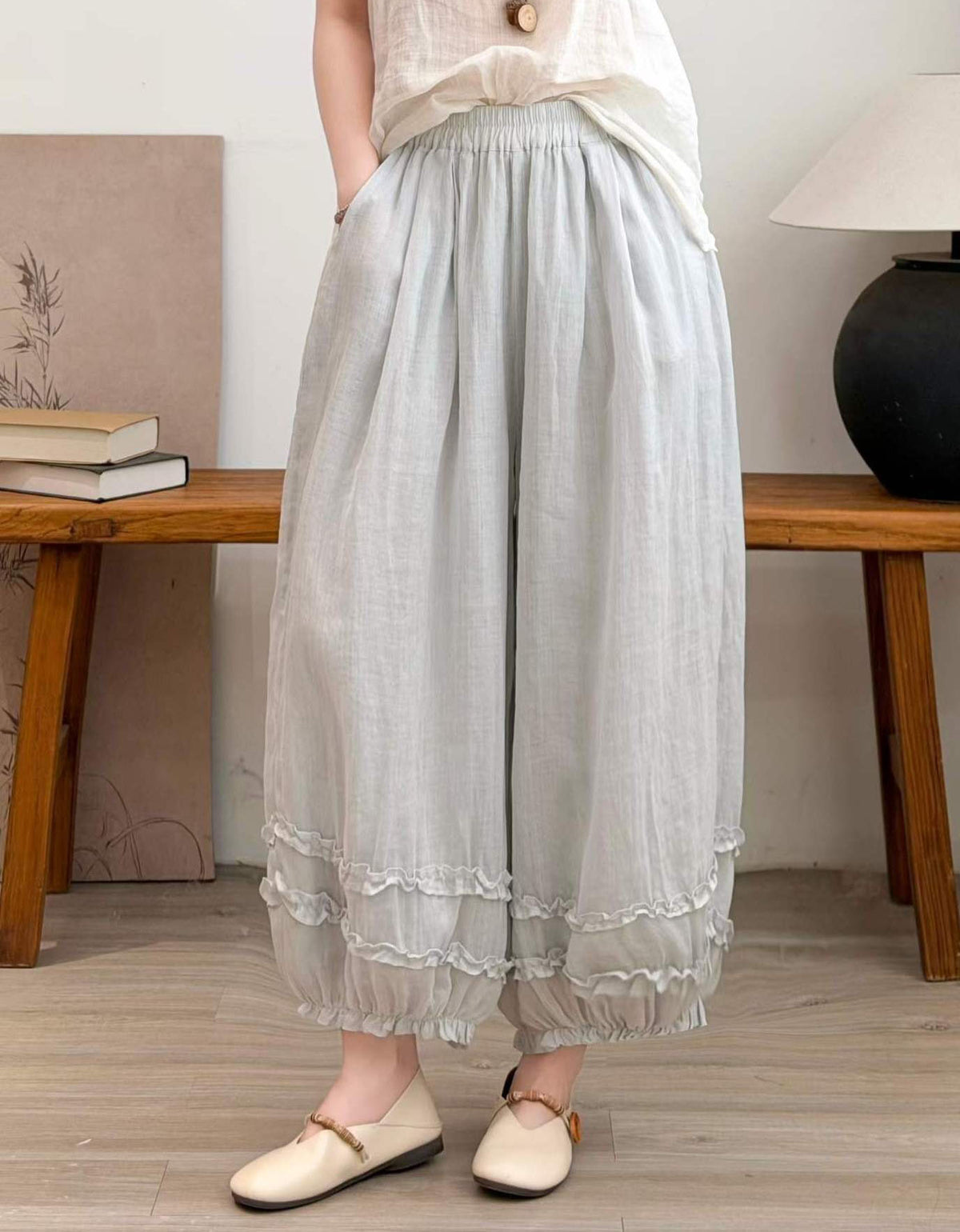 Women's Vintage Linen Balloon Pants – Relaxed Fit Wide Leg Trousers