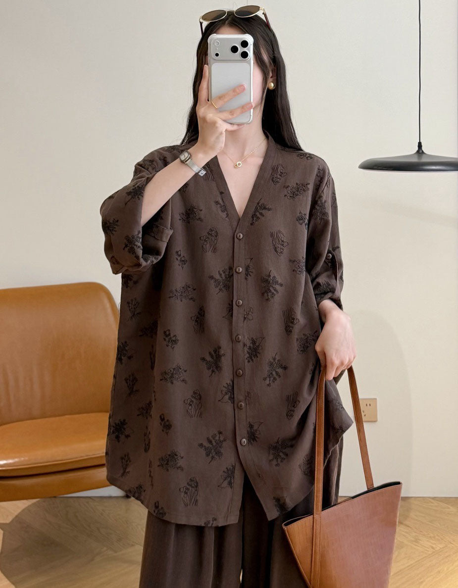Women's Retro Floral Print Blouse – Loose Brown Button Down Long Sleeve Shirt