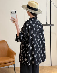 Women's Vintage Black Floral Blouse – Loose Fit Button Down Long Sleeve Shirt