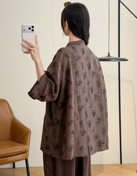 Women's Vintage Brown Floral Button Down Blouse – Loose Fit Casual Long Sleeve Shirt