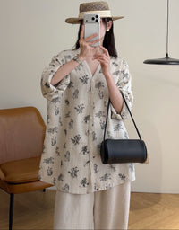 Women's Vintage Floral Button Down Shirt – Relaxed Brown Long Sleeve Blouse