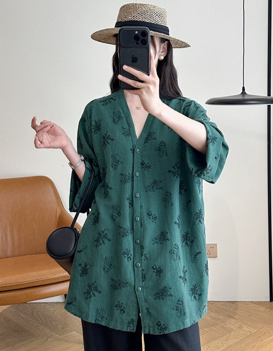 Women's Green Floral Button Up Blouse – Relaxed Fit Vintage Casual Shirt