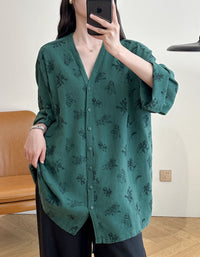 Women's Vintage Botanical Blouse – Brown Floral Button Up Long Sleeve Shirt