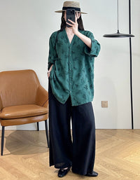 Women's Casual Green Floral Blouse – Vintage Relaxed Fit Long Sleeve Shirt