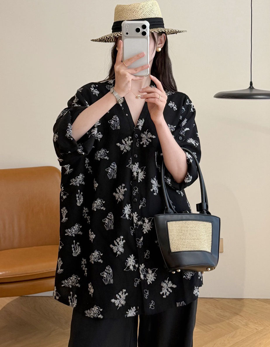 Women's Black Floral Blouse – Vintage Loose Fit Button Down Shirt