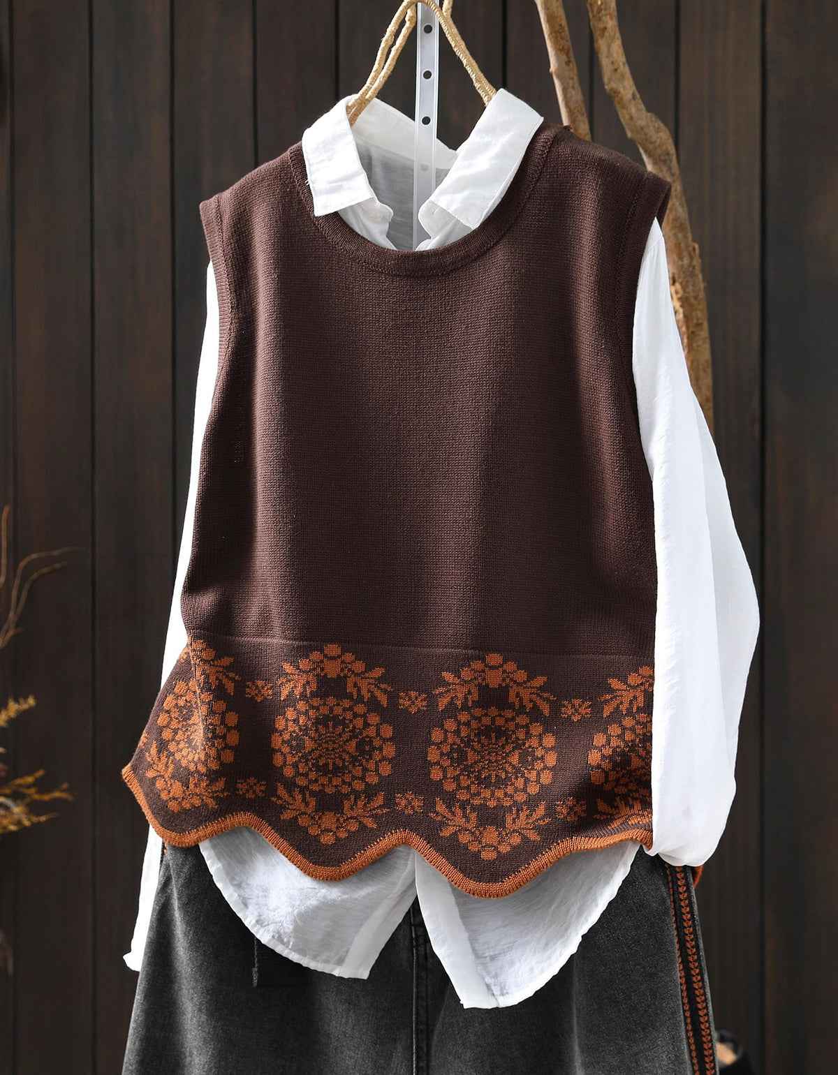 Women's Loose Casual Floral Embroidered Knit Vest