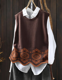 Women's Loose Casual Floral Embroidered Knit Vest