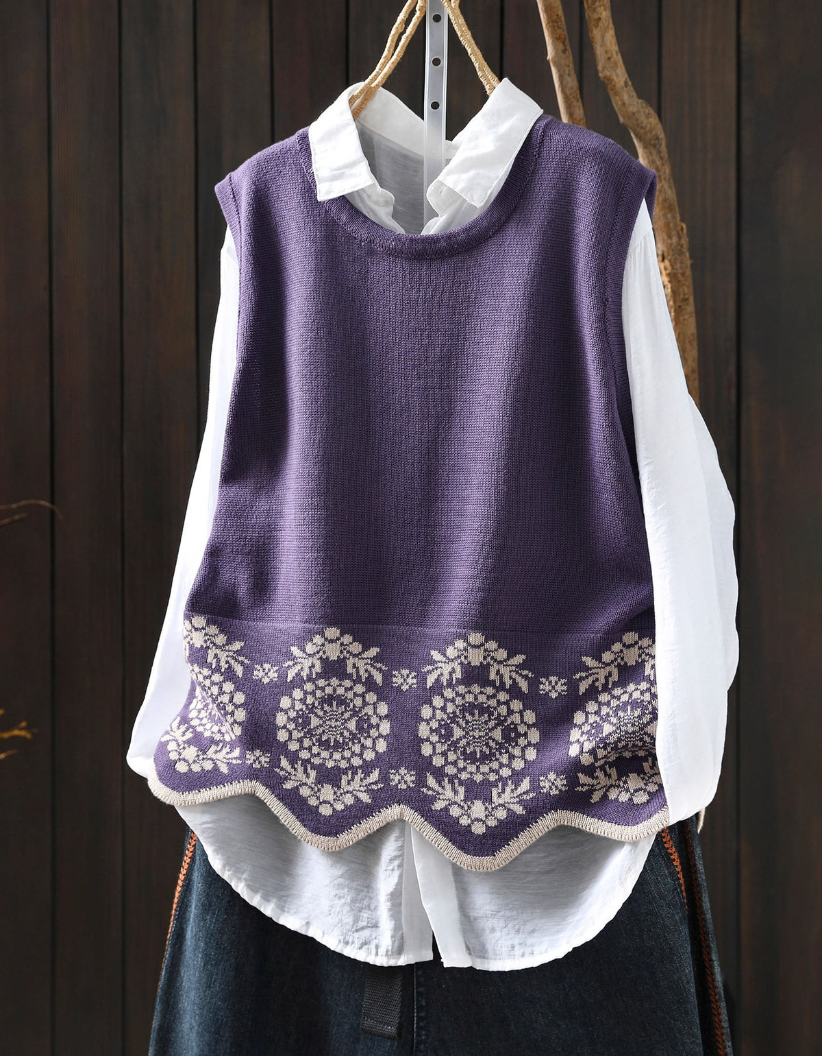 Women's Loose Casual Floral Embroidered Knit Vest