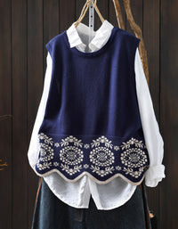 Women's Loose Casual Floral Embroidered Knit Vest