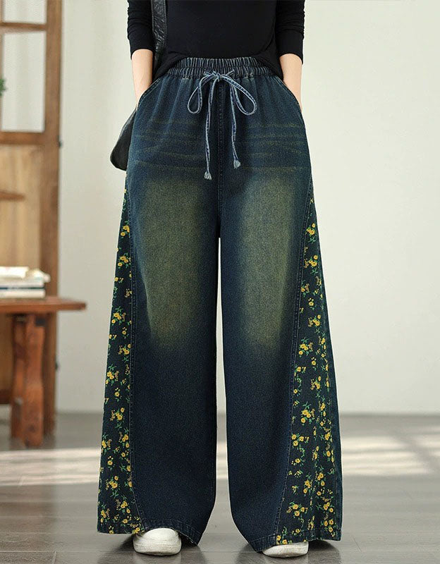 Women’s Loose Casual Floral Patchwork Denim Trousers