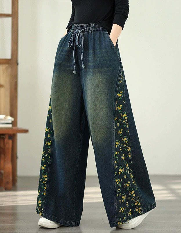 Women’s Loose Casual Floral Patchwork Denim Trousers
