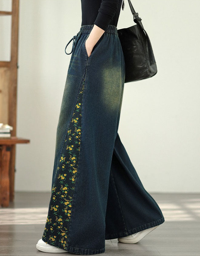 Women’s Loose Casual Floral Patchwork Denim Trousers