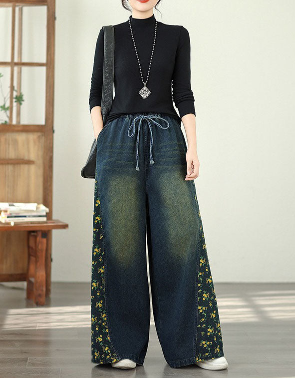 Women’s Loose Casual Floral Patchwork Denim Trousers