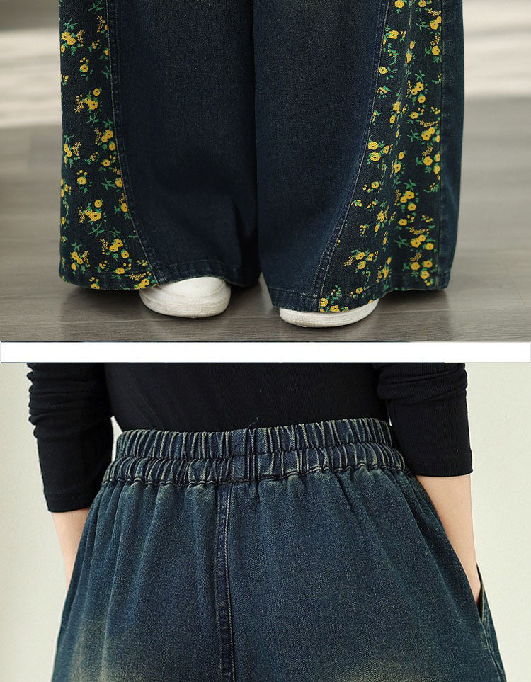 Women’s Loose Casual Floral Patchwork Denim Trousers