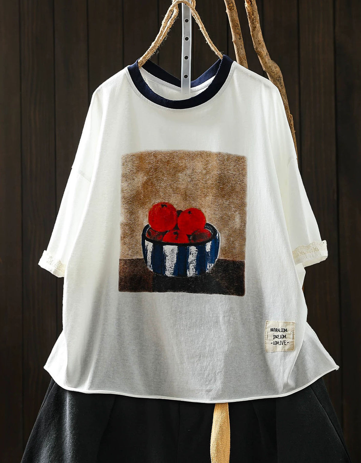 Olive Green Fruit Graphic 3/4 Sleeve Casual Top