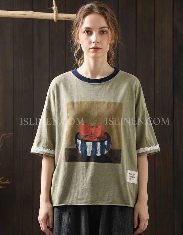 Women’s Vintage Fruit Graphic 3/4 Sleeve Loose Top