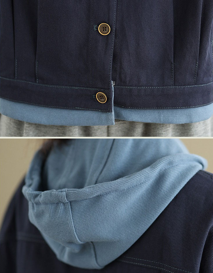 Details of the denim jacket showing the built-in hoodie and button details