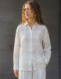 Women’s Plaid Linen Shirt – Lightweight Casual Button Blouse